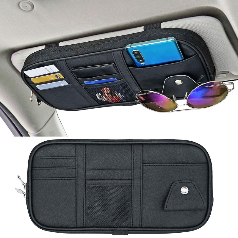 Da by Car Visor Organier Truck SUV Sun Visor Storage Pocket PU Leather Pouch Holder with Multi-Pocket Double Zipper Net Pocket, for Cards Pens Sunglasses Document (Black) - Image 1